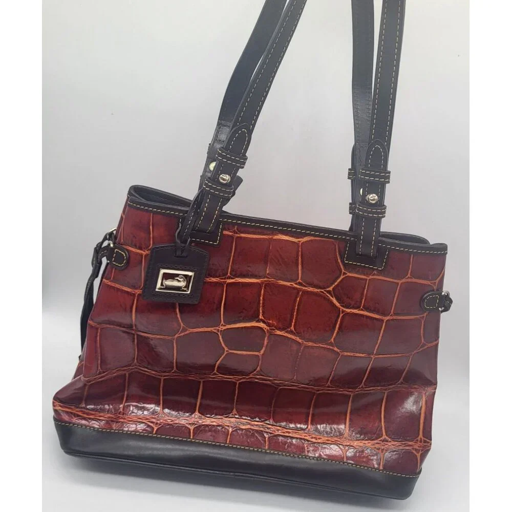 Dooney & Bourke Croco Embossed Leather Double Strap Tassel Bag Cognac - Picture 2 of 15